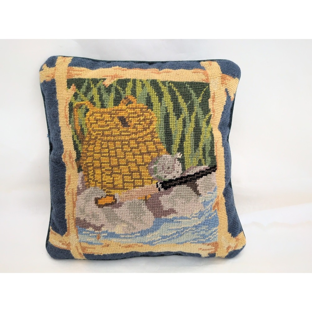 VTG Fly Fishing Fish Pillow Needlepoint Creel Outdoor Cottage Lakehouse Wool